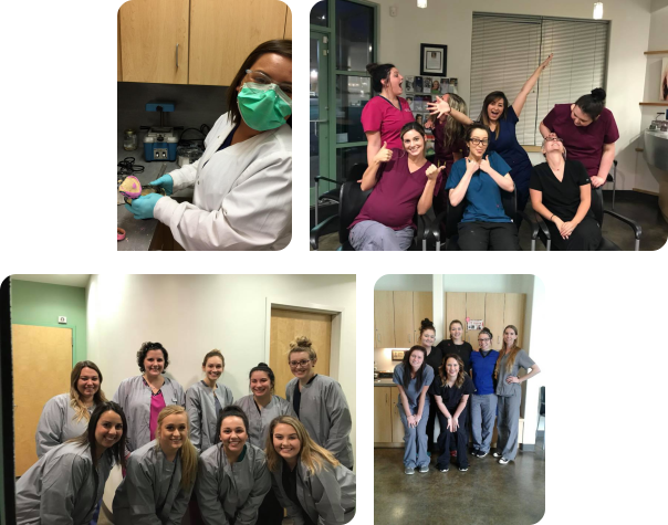 Collage of photos of dental assisting students receiving hands on training
